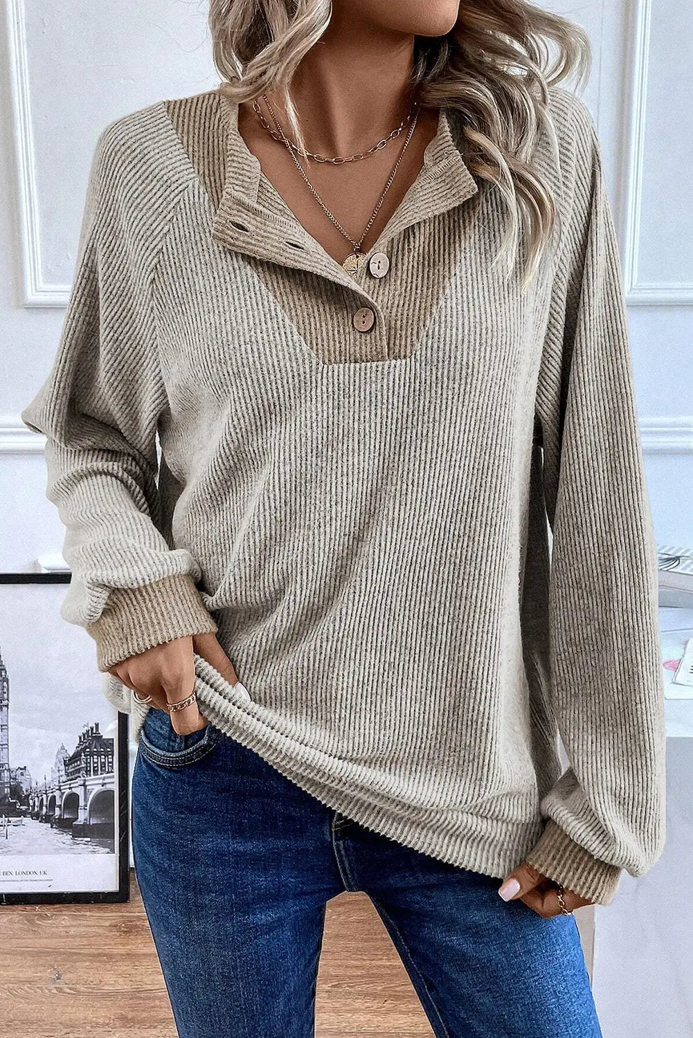 Jet Stream Colour Contrast Ribbed Loose Fit Long Sleeve Top eAura