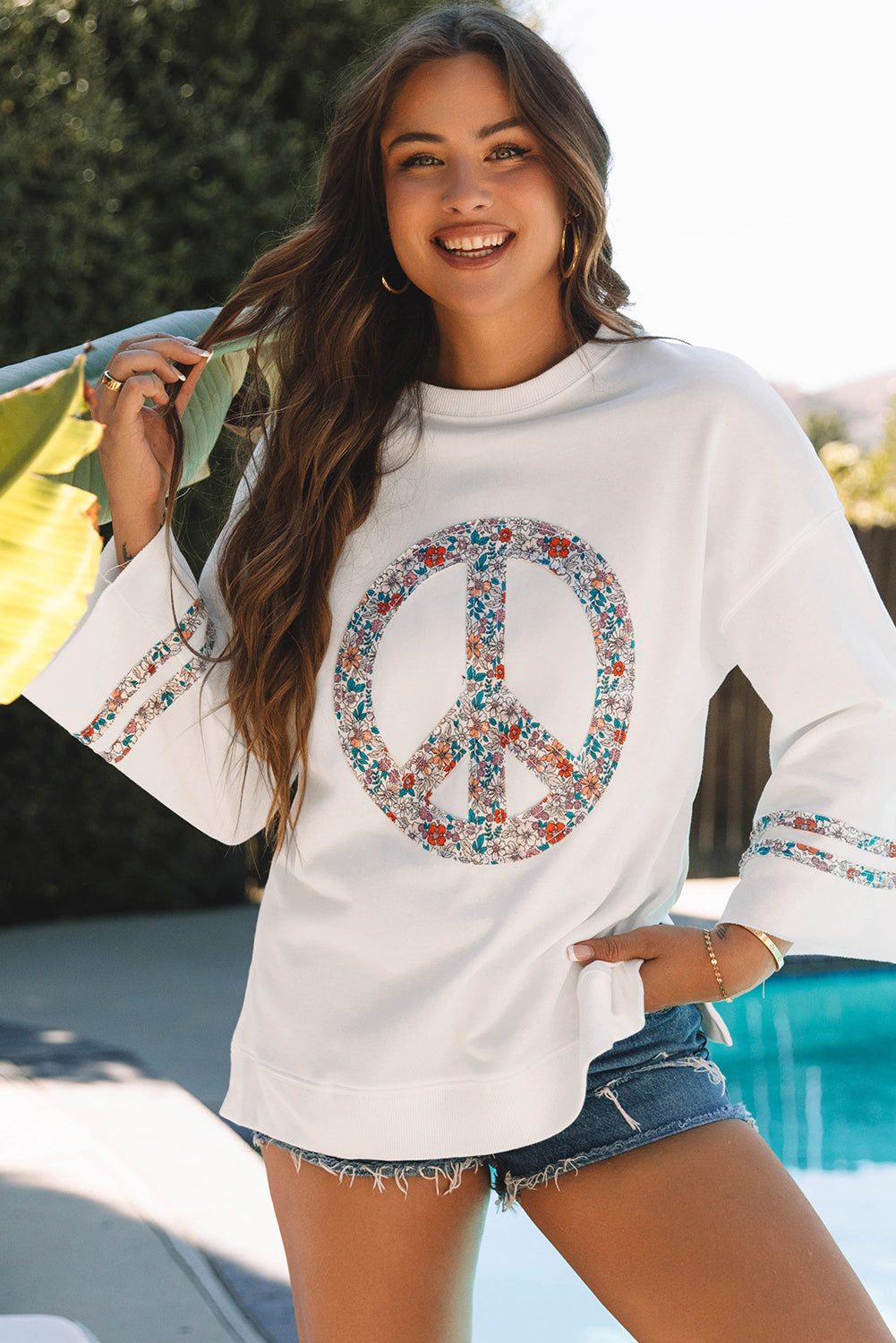 Jet Stream Floral Peace Sign Graphic Drop Shoulder Wide Sleeve Casual Top - eAura