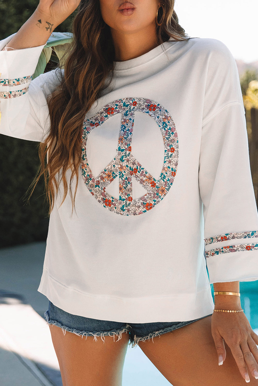 Jet Stream Floral Peace Sign Graphic Drop Shoulder Wide Sleeve Casual Top - eAura