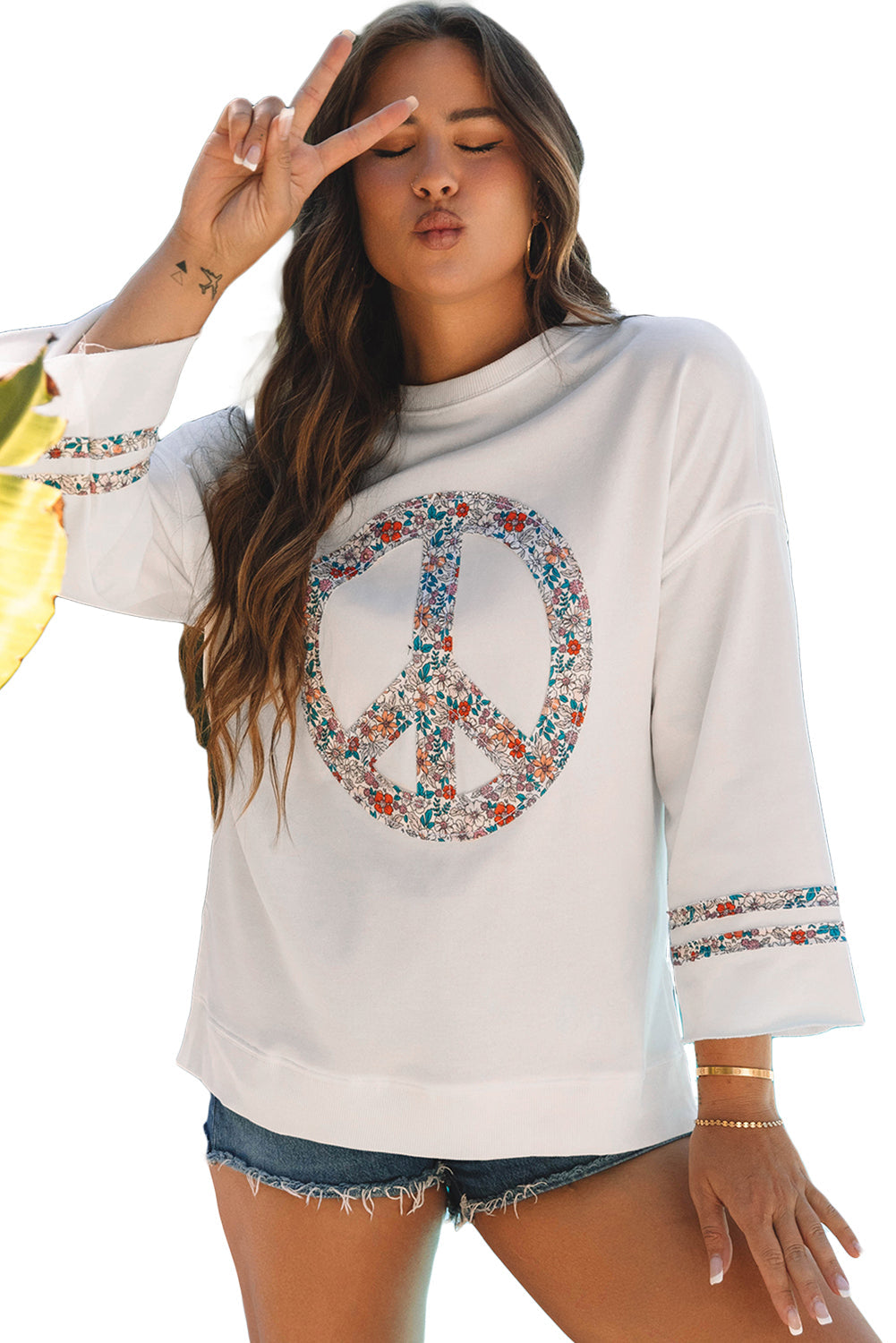 Jet Stream Floral Peace Sign Graphic Drop Shoulder Wide Sleeve Casual Top - eAura