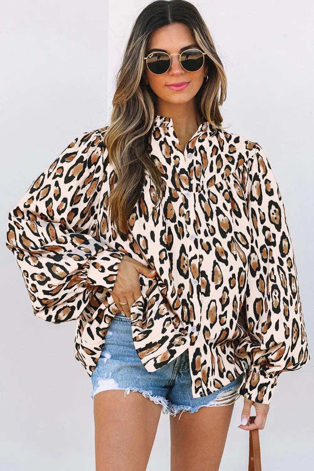 Jet Stream Oversized Leopard Print Balloon Sleeve Casual Shirt - eAura