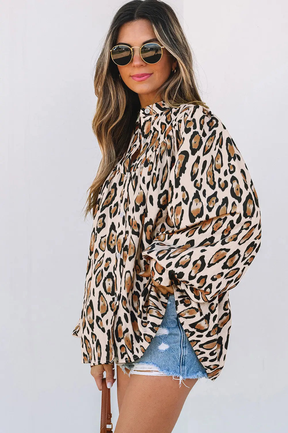 Jet Stream Oversized Leopard Print Balloon Sleeve Casual Shirt - eAura
