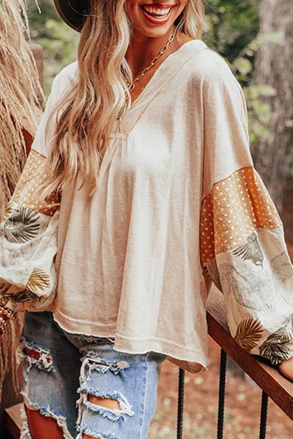 Jet Stream Palm Leaves Polka Dot Puff Sleeve Patchwork V Neck Loose Blouse eAura