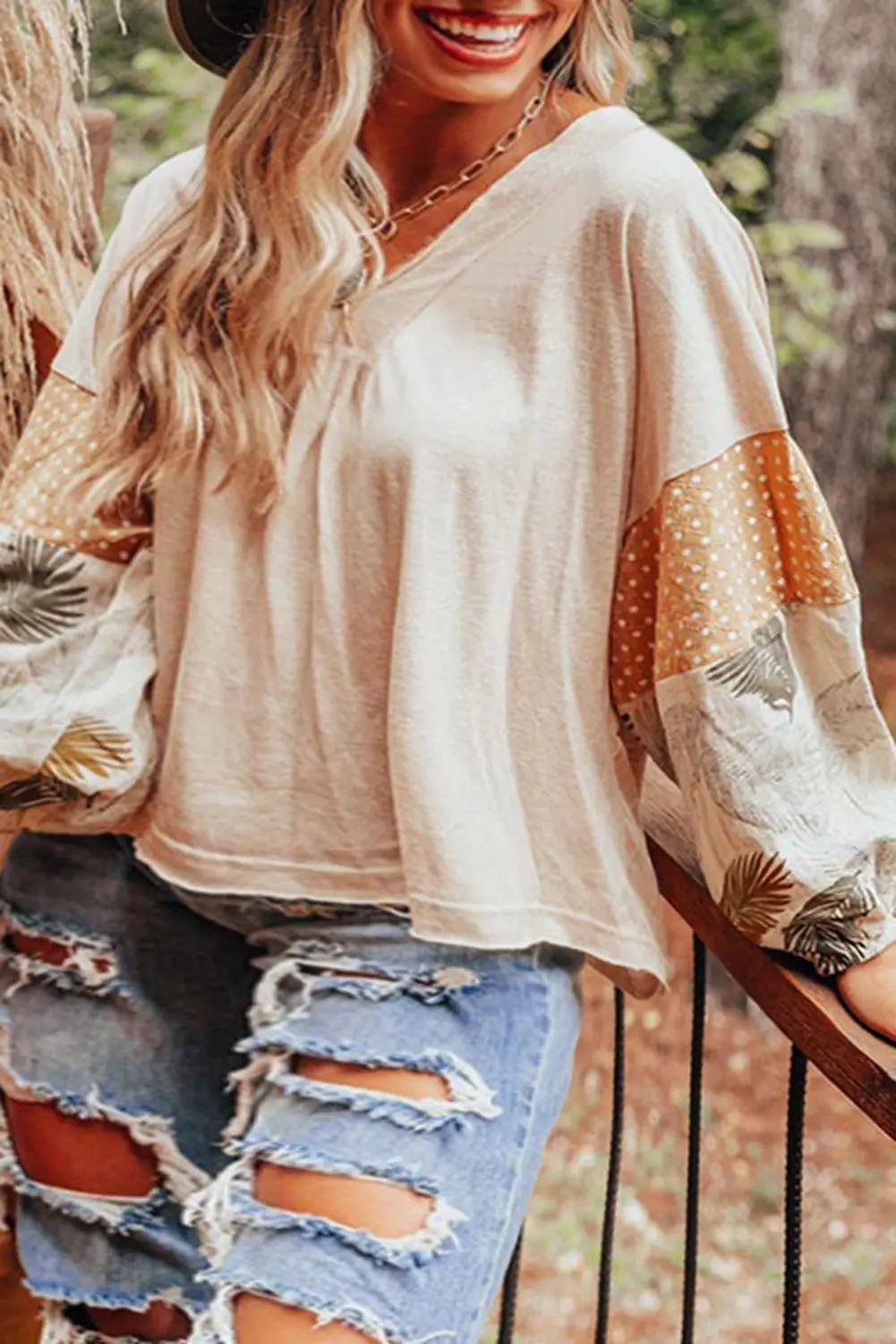 Jet Stream Palm Leaves Polka Dot Puff Sleeve Patchwork V Neck Loose Blouse eAura