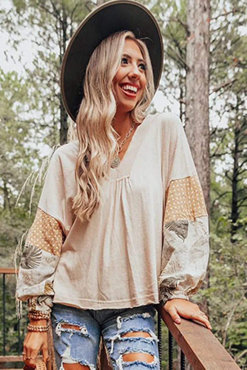 Jet Stream Palm Leaves Polka Dot Puff Sleeve Patchwork V Neck Loose Blouse eAura