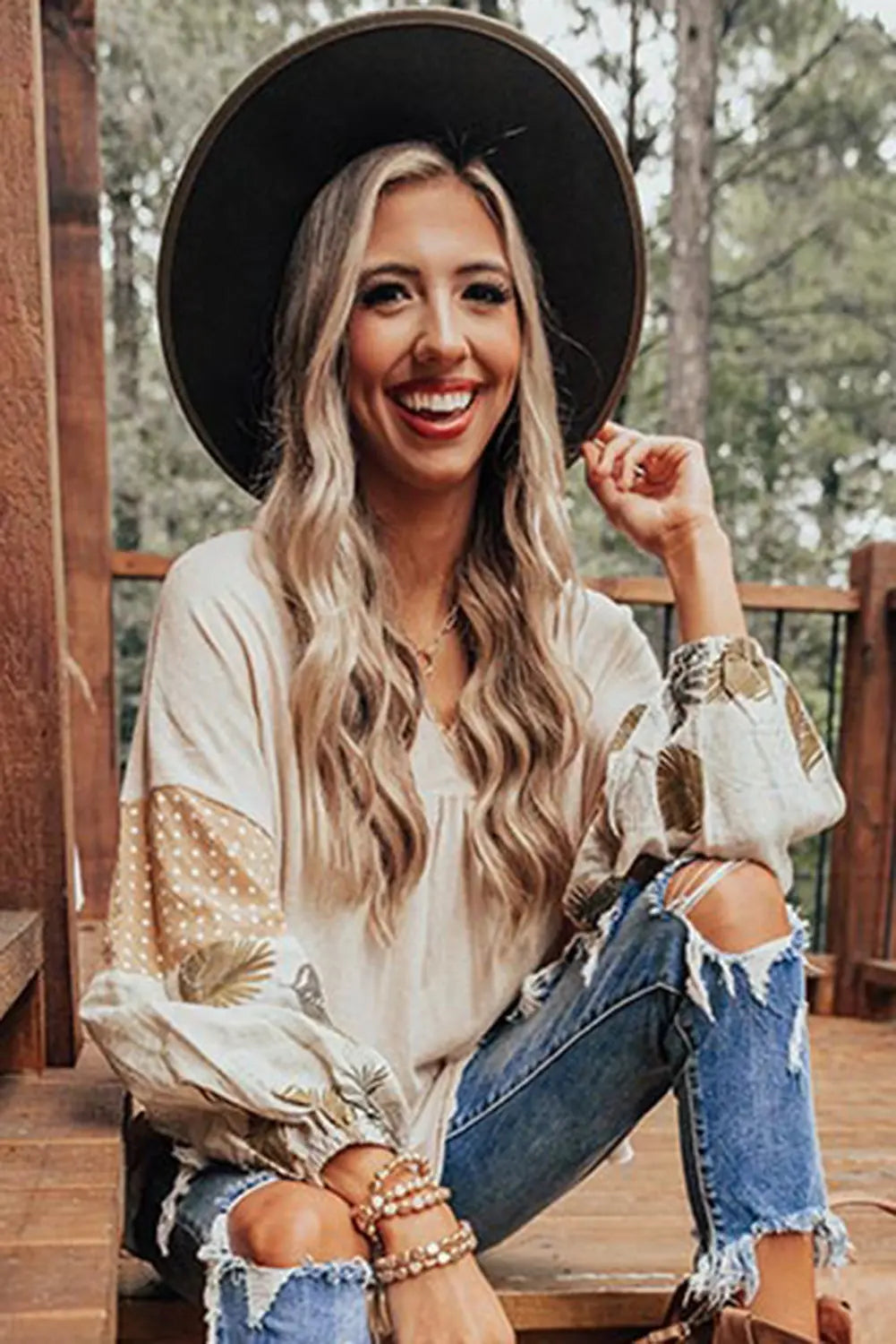 Jet Stream Palm Leaves Polka Dot Puff Sleeve Patchwork V Neck Loose Blouse eAura