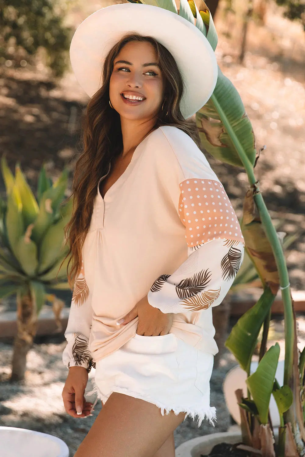 Jet Stream Palm Leaves Polka Dot Puff Sleeve Patchwork V Neck Loose Blouse eAura