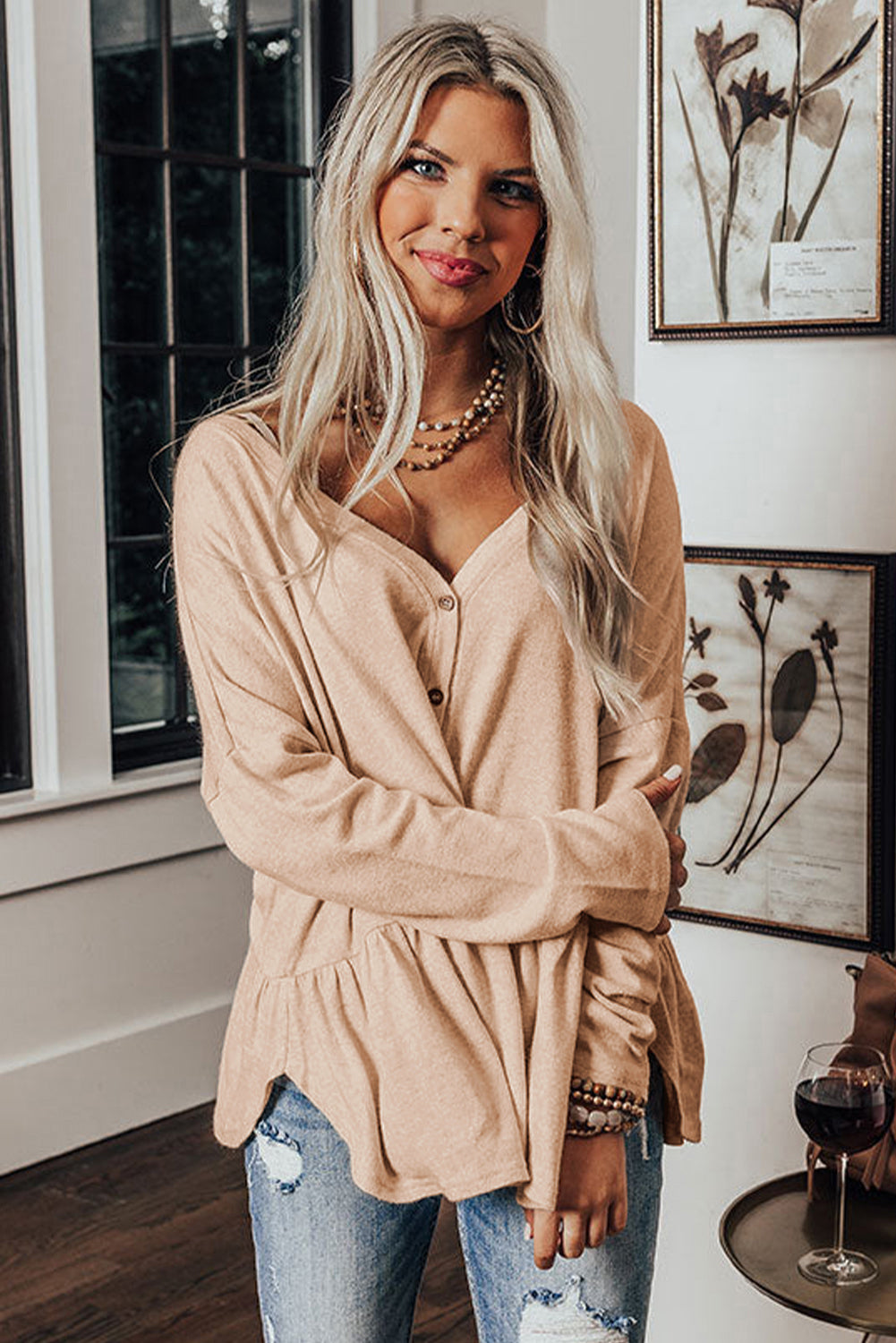 Jet Stream Solid Ruffled Buttoned V Neck Shirt - eAura