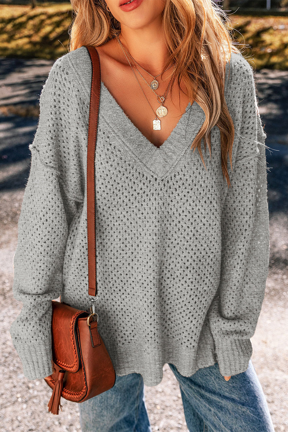 Jungle Green Loose Eyelet V Neck Drop Shoulder Sweater - LIGHT GREY / S / 50% REGENERATED POLYESTER + 27% ACRYLIC + 15%