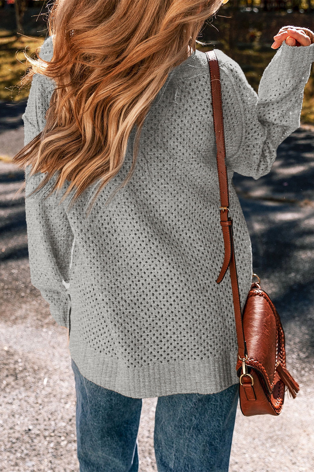 Jungle Green Loose Eyelet V Neck Drop Shoulder Sweater - Sweaters & Cardigans/Sweaters