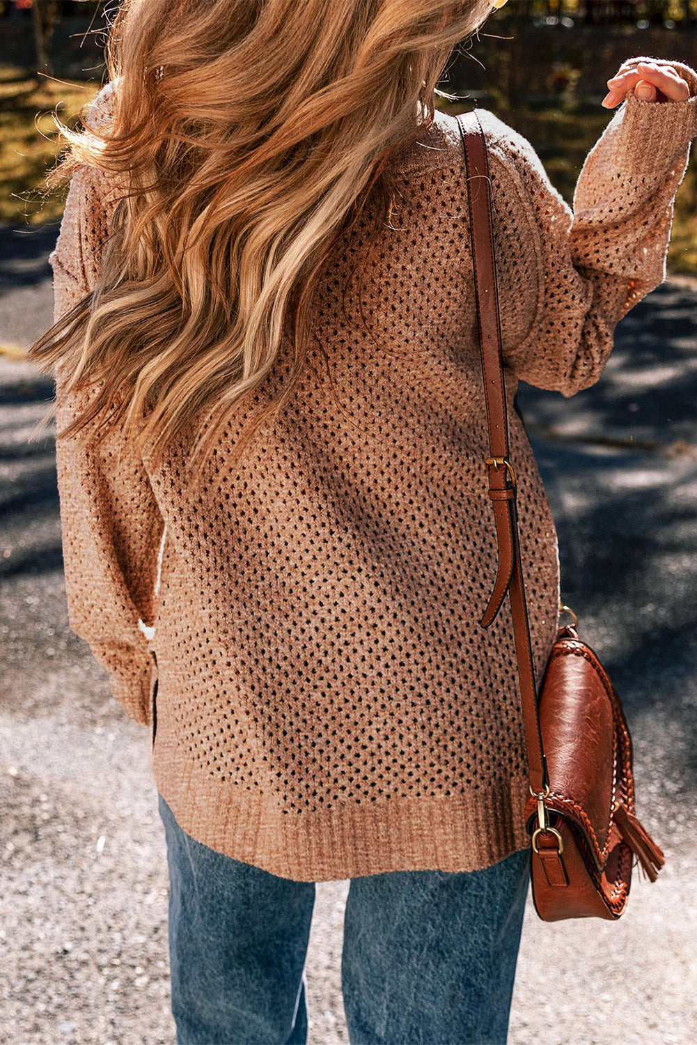 Jungle Green Loose Eyelet V Neck Drop Shoulder Sweater - Sweaters & Cardigans/Sweaters
