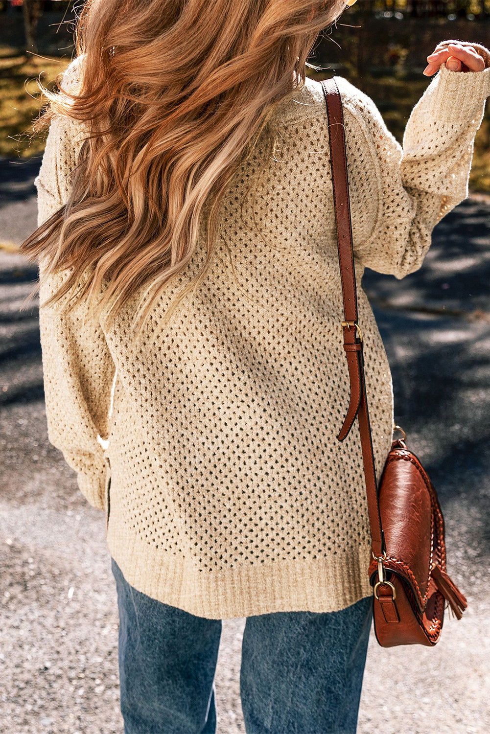 Jungle Green Loose Eyelet V Neck Drop Shoulder Sweater - Sweaters & Cardigans/Sweaters