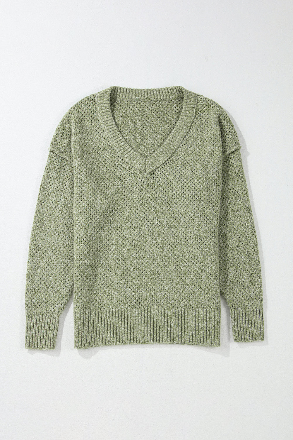 Jungle Green Loose Eyelet V Neck Drop Shoulder Sweater - Sweaters & Cardigans/Sweaters