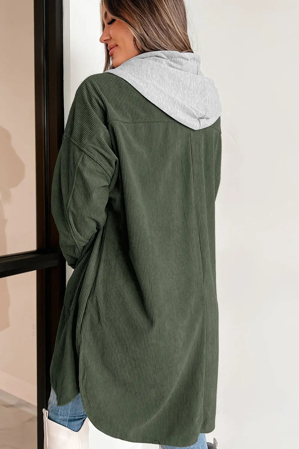 Jungle Green Oversized Corduroy Contrast Hooded Shacket - BB Fashion Outlet