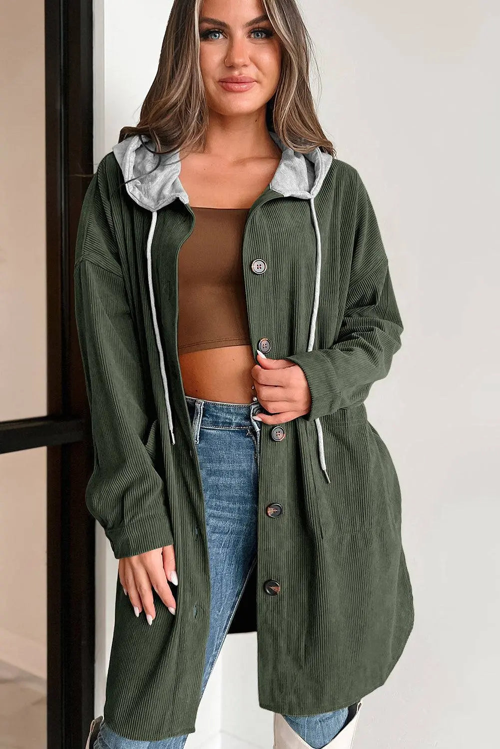 Jungle Green Oversized Corduroy Contrast Hooded Shacket - BB Fashion Outlet