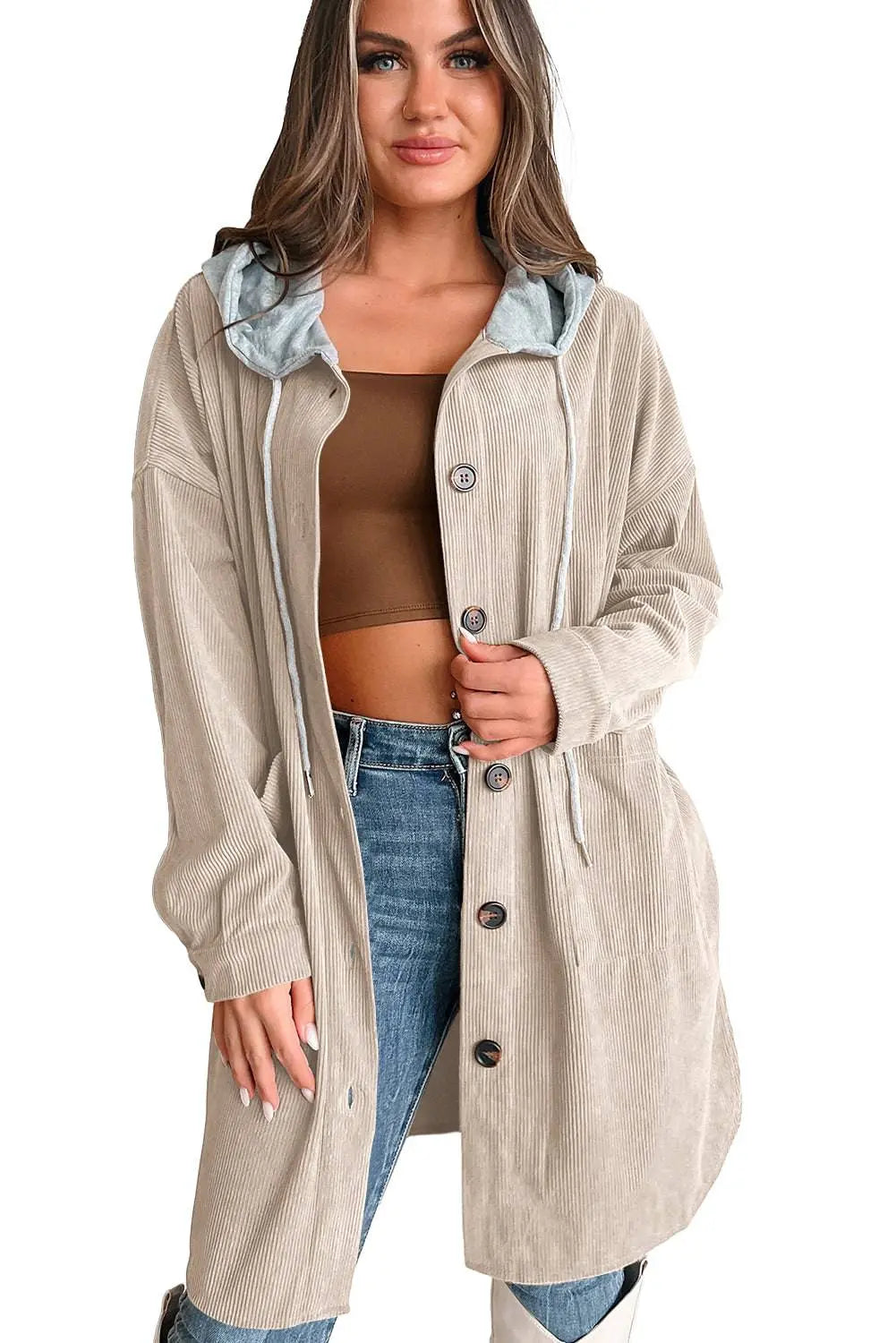 Jungle Green Oversized Corduroy Contrast Hooded Shacket - BB Fashion Outlet