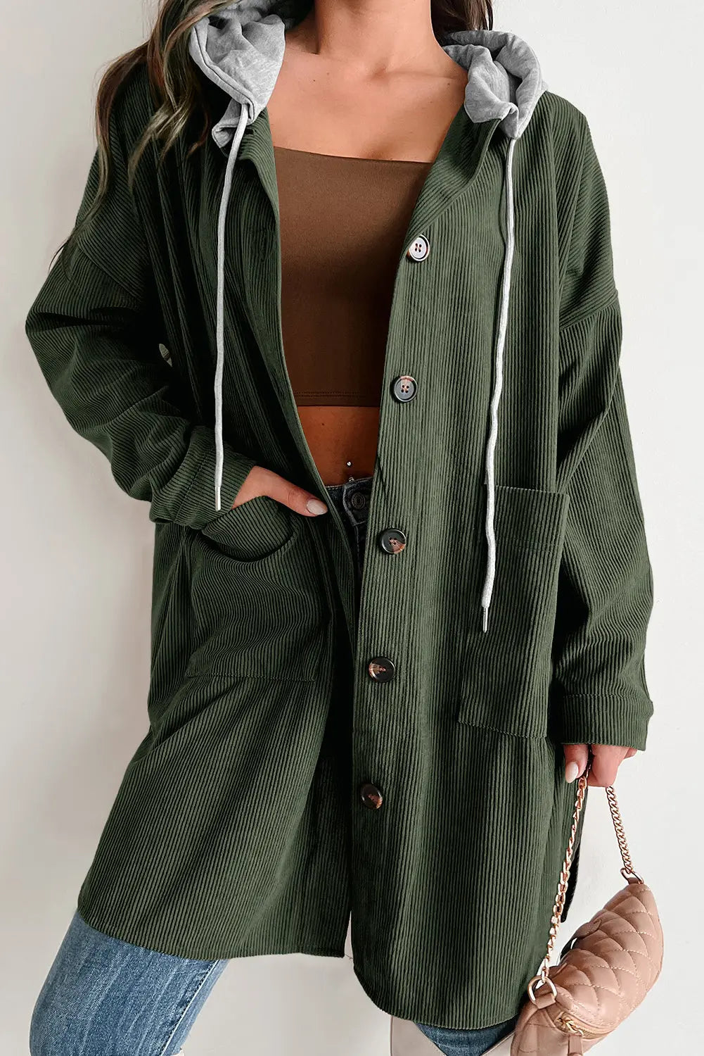 Jungle Green Oversized Corduroy Contrast Hooded Shacket - eAura