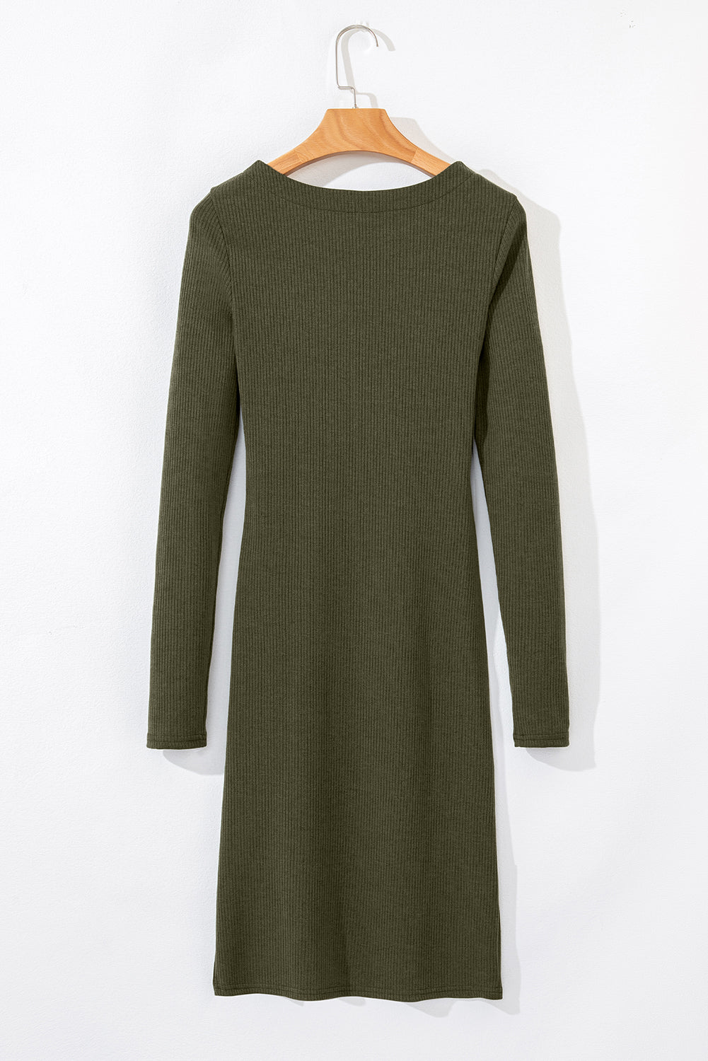 Jungle Green Ribbed Side Slit Ruched Slim Fit Long Sleeve Mini Dress - Dresses/Mini Dresses