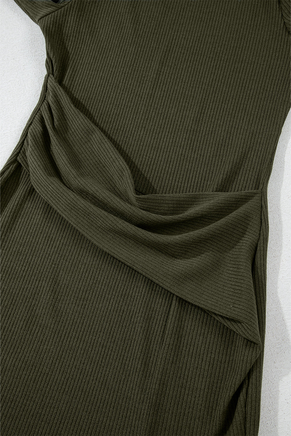 Jungle Green Ribbed Side Slit Ruched Slim Fit Long Sleeve Mini Dress - Dresses/Mini Dresses