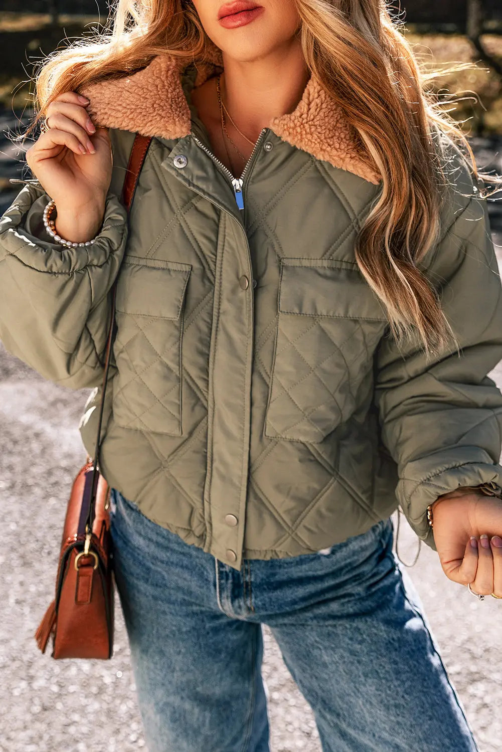 Jungle Green Teddy Collar Flap Pockets Quilted Puffer Jacket Beagle Boutique Fashion Outlet