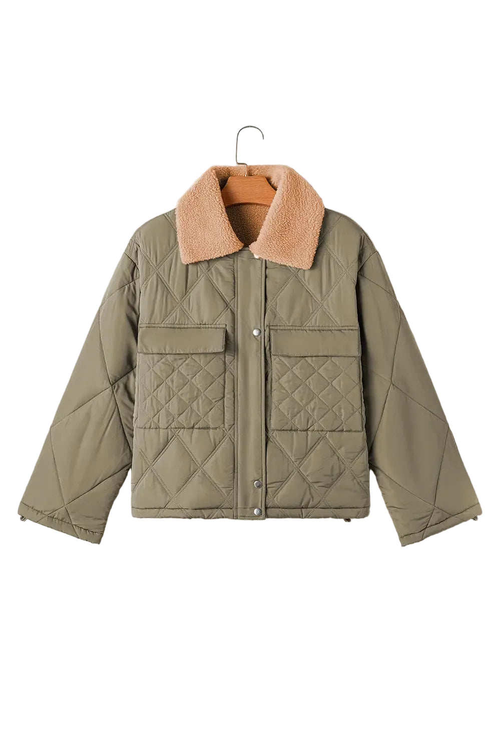 Jungle Green Teddy Collar Flap Pockets Quilted Puffer Jacket - S - Outerwear/Jackets