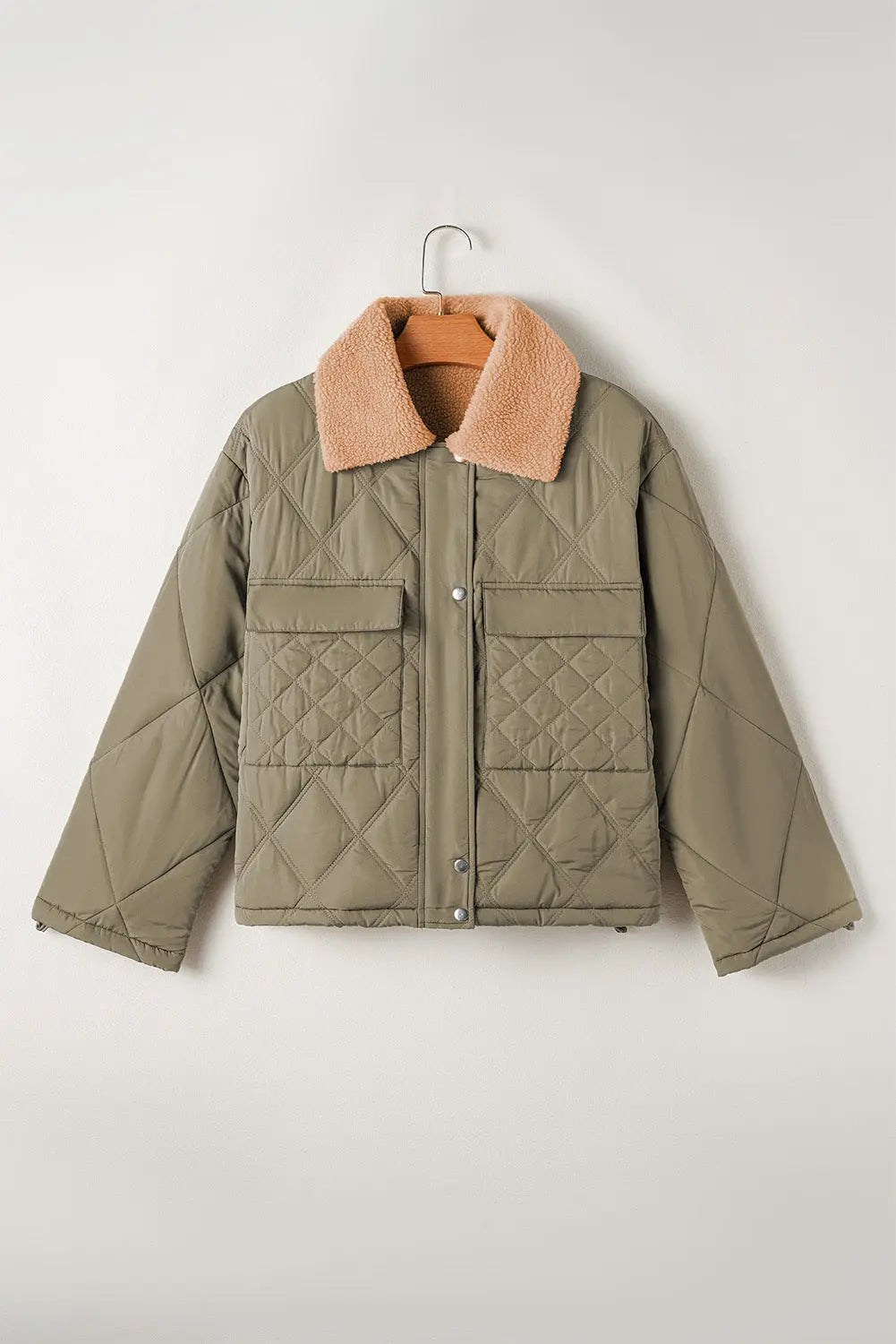 Jungle Green Teddy Collar Flap Pockets Quilted Puffer Jacket Beagle Boutique Fashion Outlet