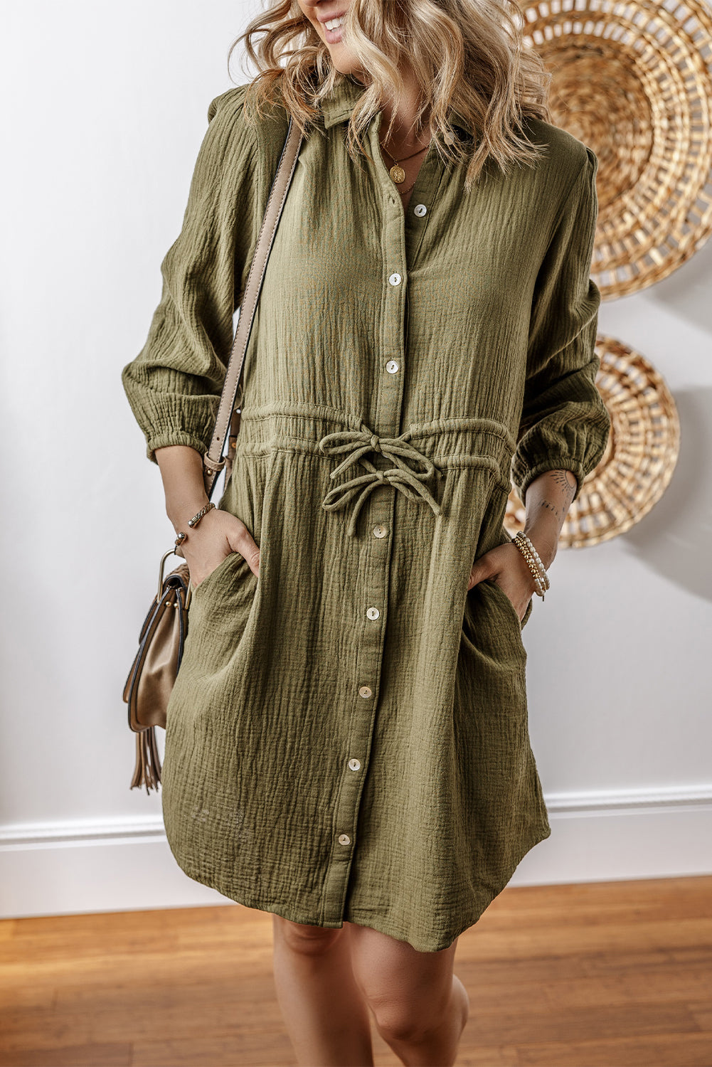 Jungle Green Textured Bracelet Sleeve Collared Button Up Dual Tied Mini Dress - eAura