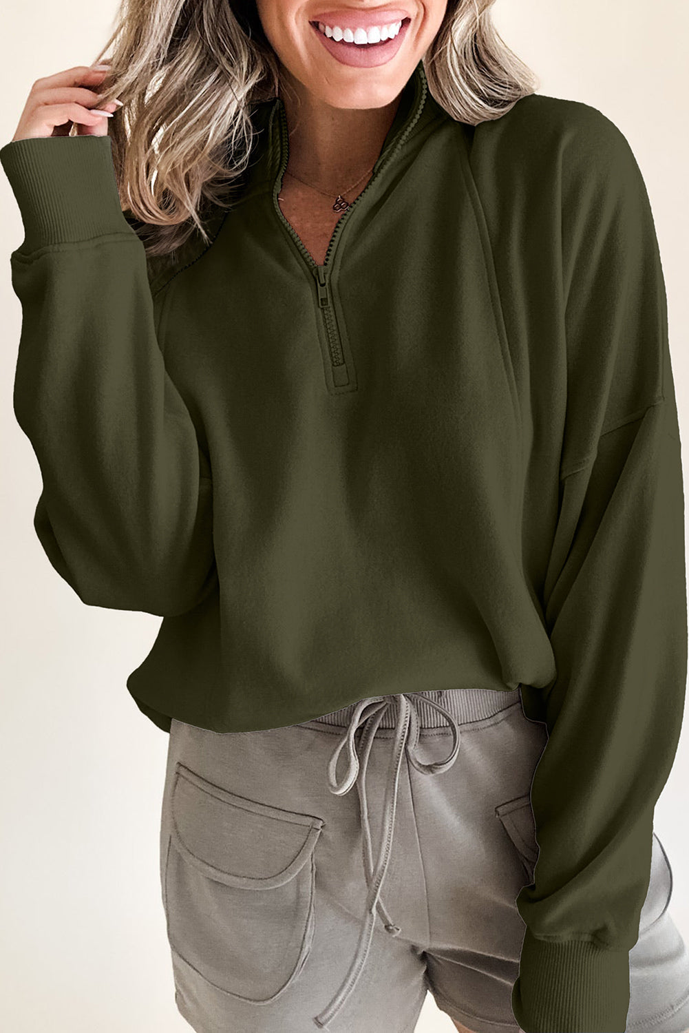 Jungle Green Zipped Neck Pullover Drop Shoulder Sweatshirt - eAura