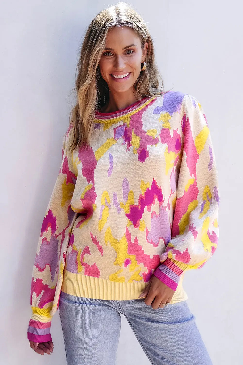 Khaki Abstract Print Colourblock Balloon Sleeve Sweater Beagle Boutique Fashion Outlet