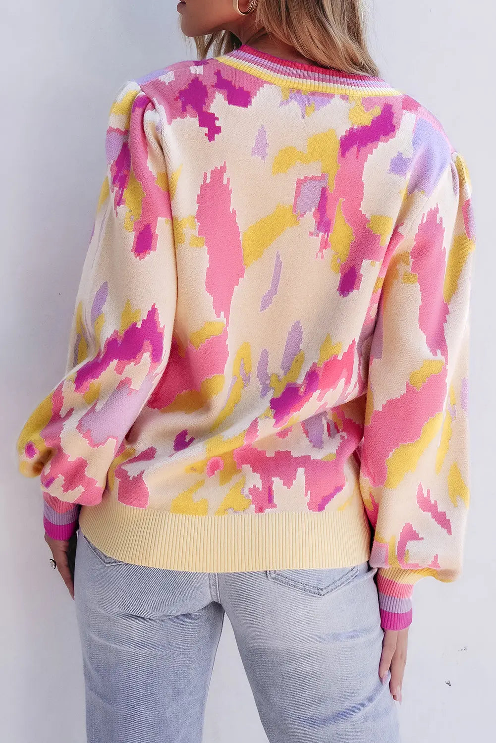 Khaki Abstract Print Colourblock Balloon Sleeve Sweater Beagle Boutique Fashion Outlet