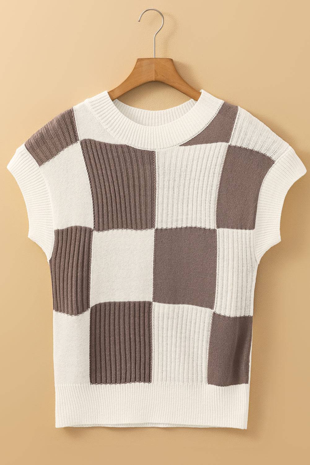 Khaki Checkered Colour Block Crew Neck Short Sleeve Sweater - Sweaters & Cardigans/Short