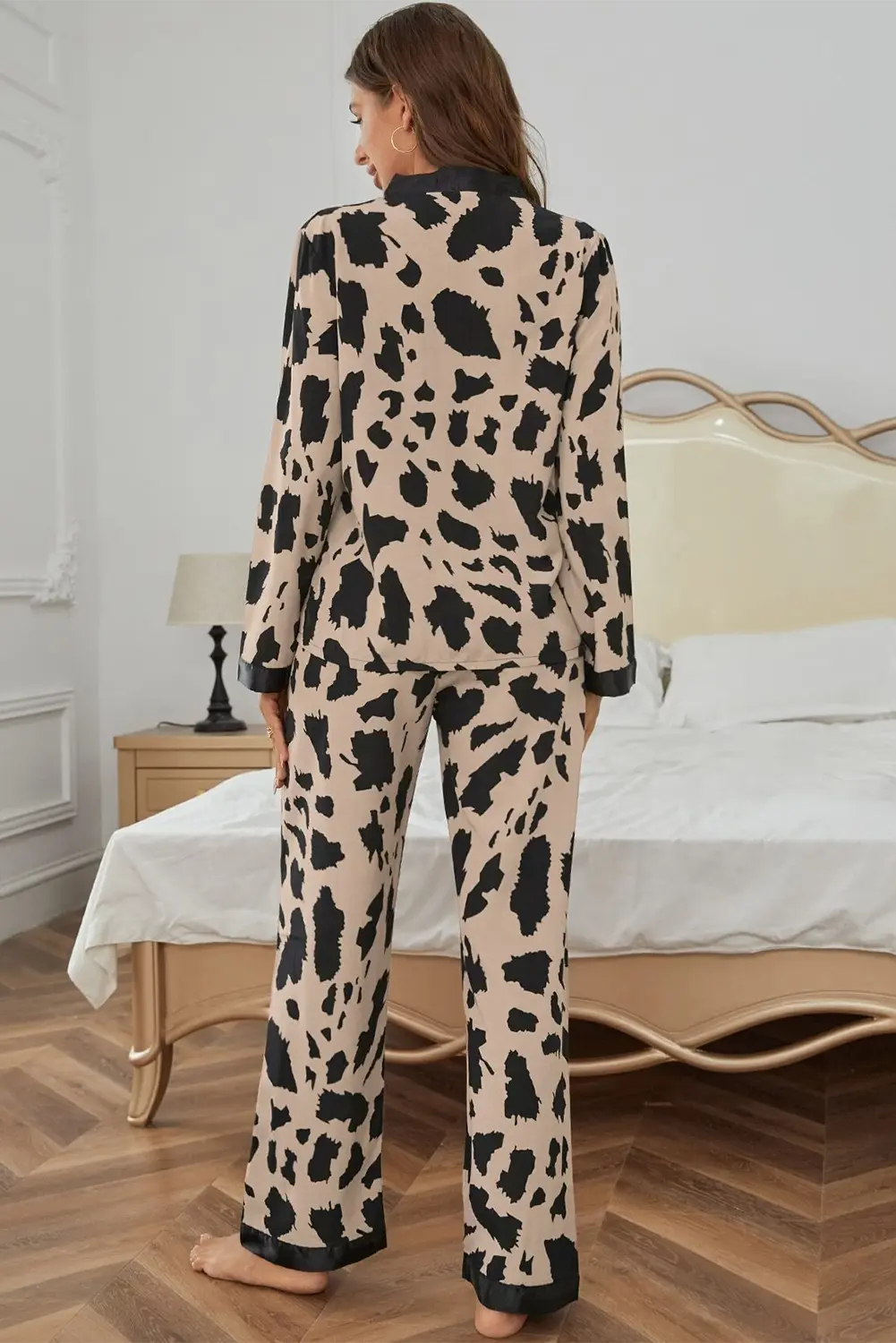 Khaki Cheetah Contrast Trim Loose Fit Two Piece Sleepwear Beagle Boutique Fashion Outlet