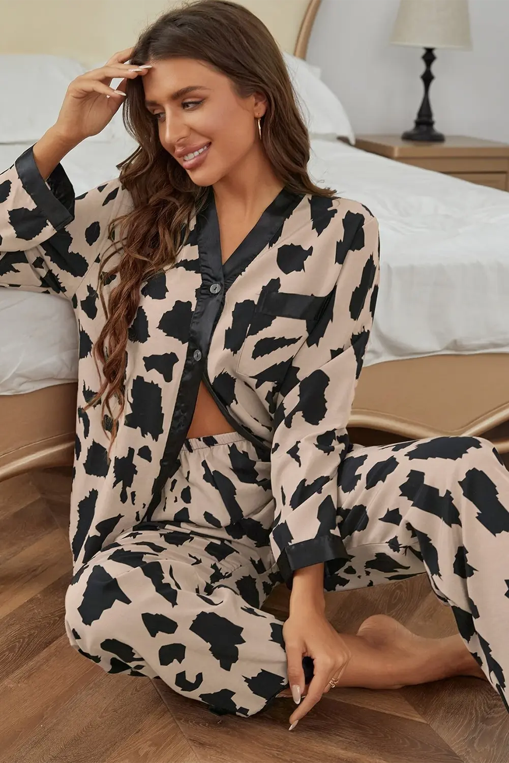 Khaki Cheetah Contrast Trim Loose Fit Two Piece Sleepwear Beagle Boutique Fashion Outlet