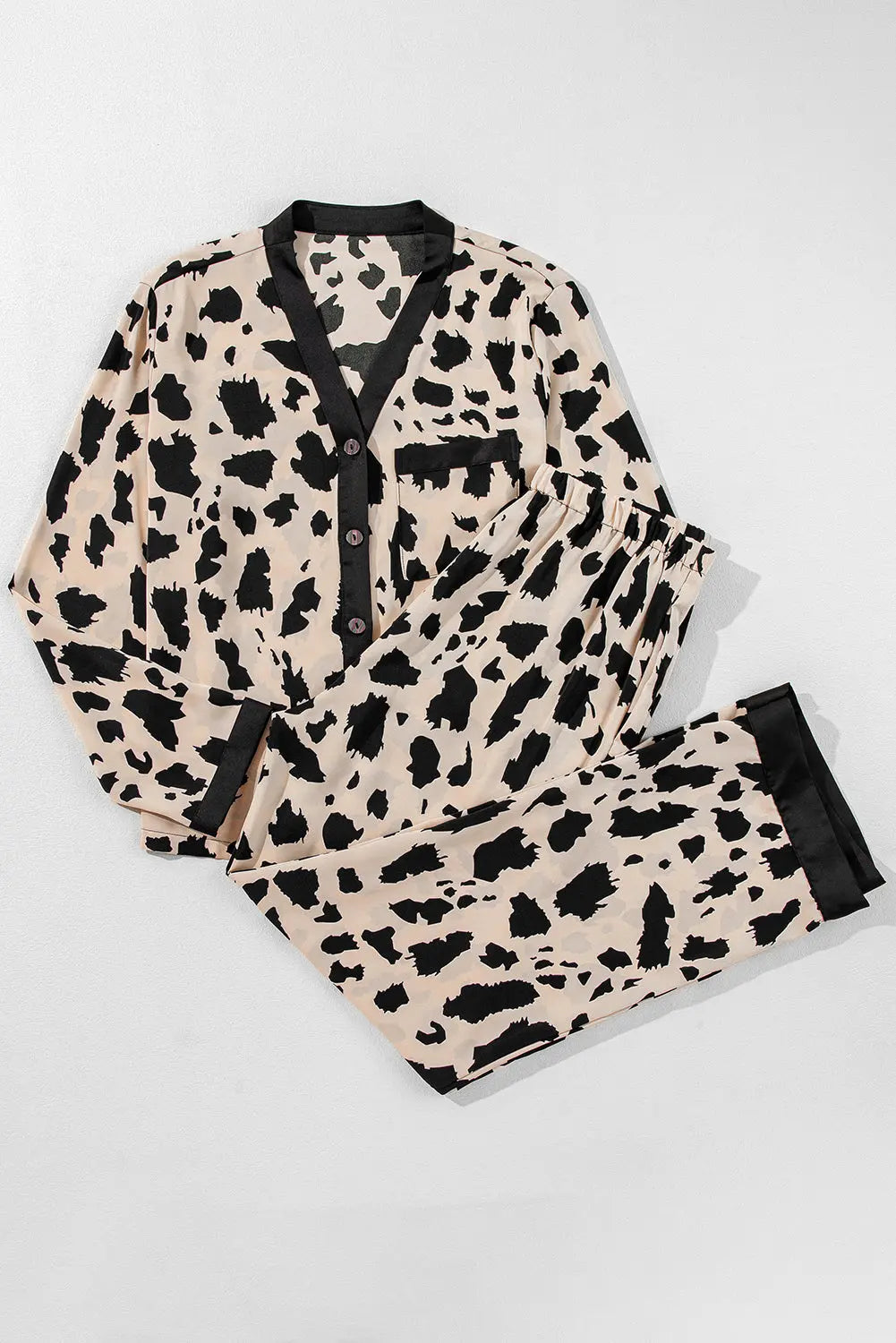 Khaki Cheetah Contrast Trim Loose Fit Two Piece Sleepwear Beagle Boutique Fashion Outlet