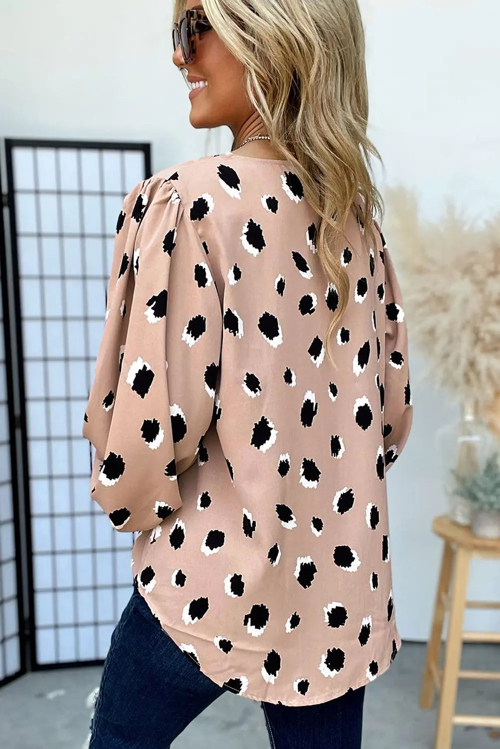 Khaki Classic Leopard V Neck Bracelet Sleeve Blouse - eAura