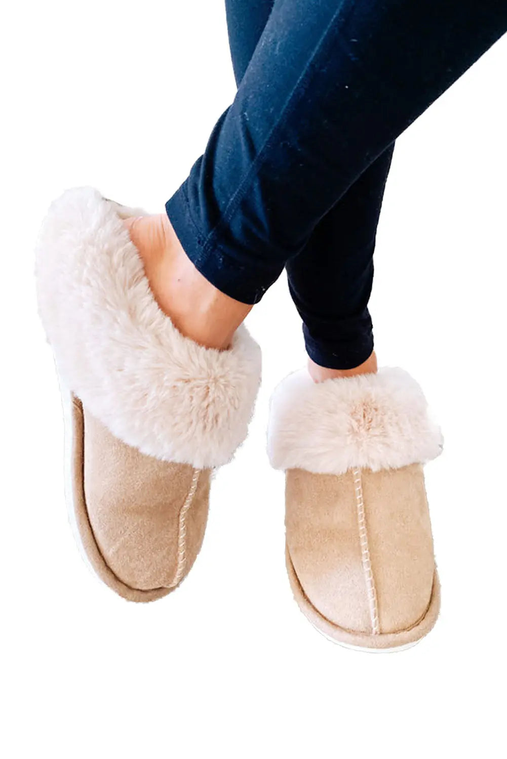 Khaki Cut and Sew Faux Suede Plush Lined Slippers Beagle Boutique Fashion Outlet