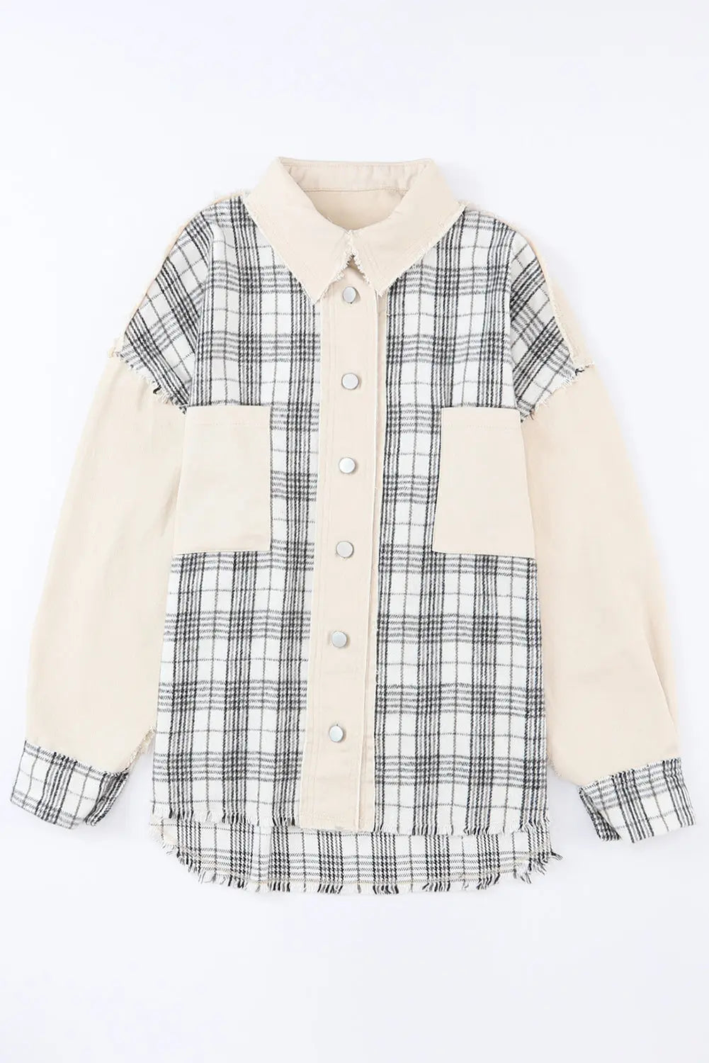 Khaki Distressed Raw Edge Plaid Patchwork Denim Jacket - eAura