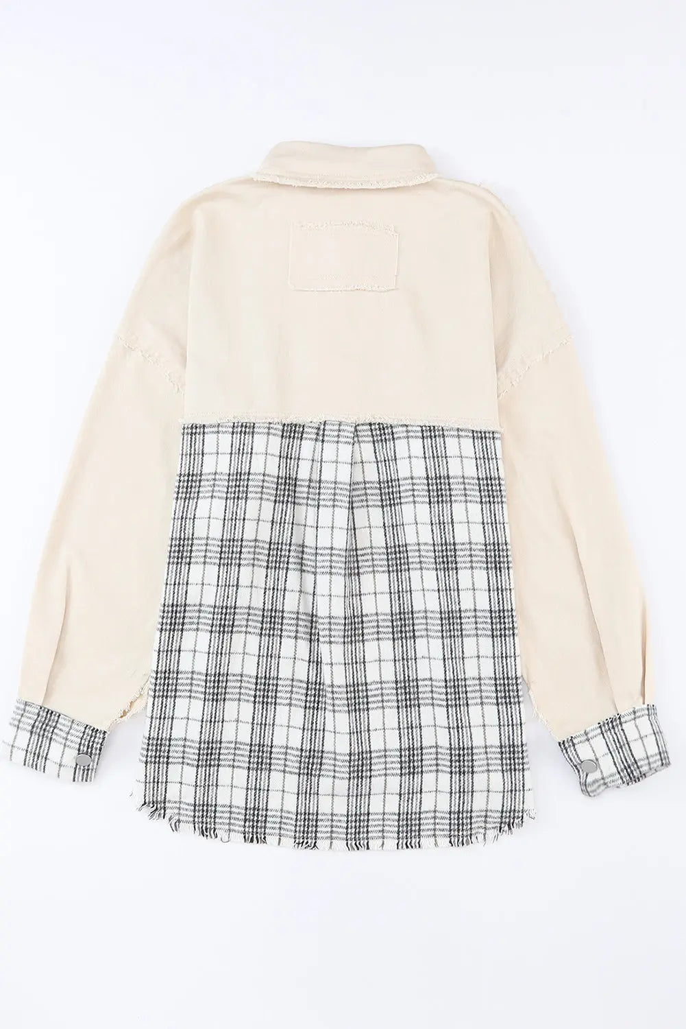 Khaki Distressed Raw Edge Plaid Patchwork Denim Jacket - eAura