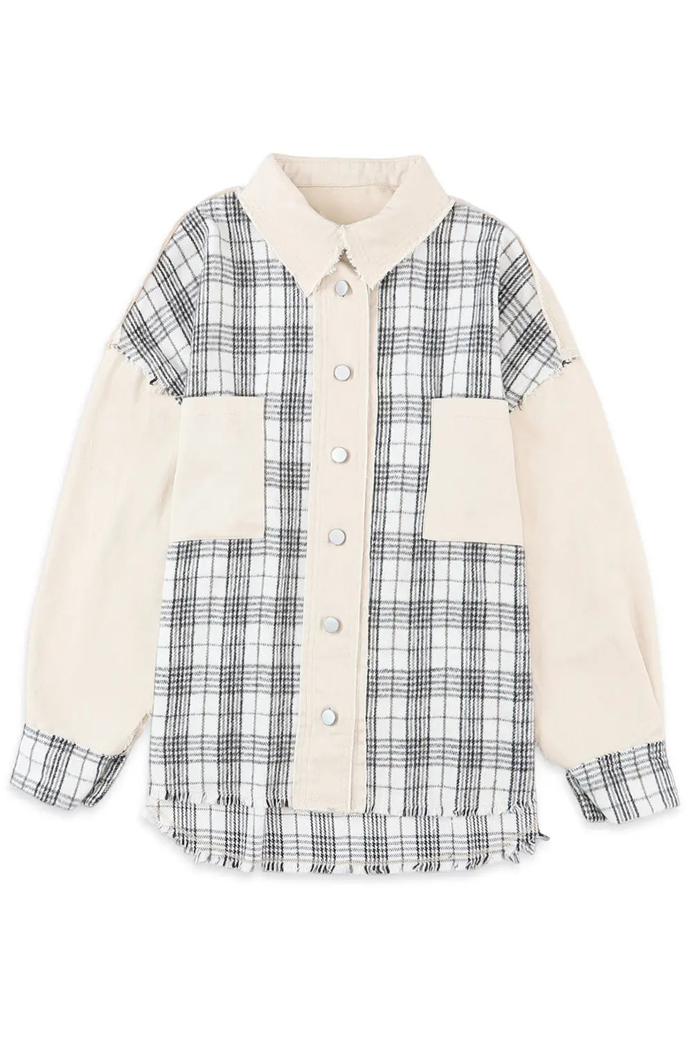 Khaki Distressed Raw Edge Plaid Patchwork Denim Jacket - eAura