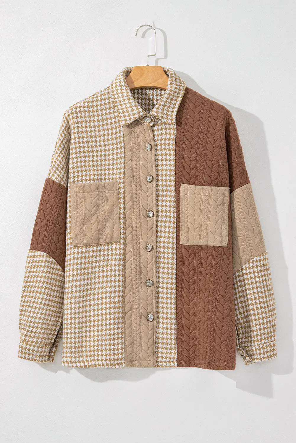 Khaki Houndstooth Colour Contrast Textured Patchwork Loose Shacket - eAura