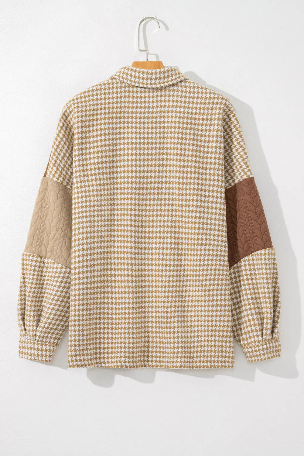 Khaki Houndstooth Colour Contrast Textured Patchwork Loose Shacket - eAura