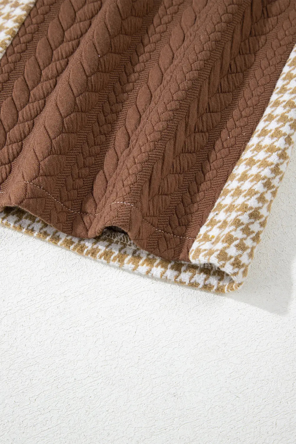 Khaki Houndstooth Colour Contrast Textured Patchwork Loose Shacket - eAura