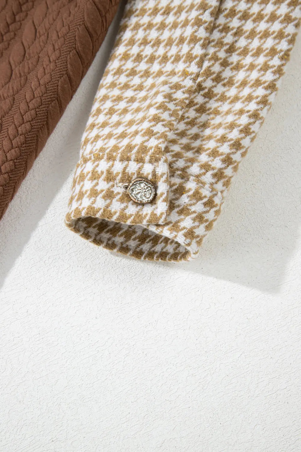 Khaki Houndstooth Colour Contrast Textured Patchwork Loose Shacket - eAura