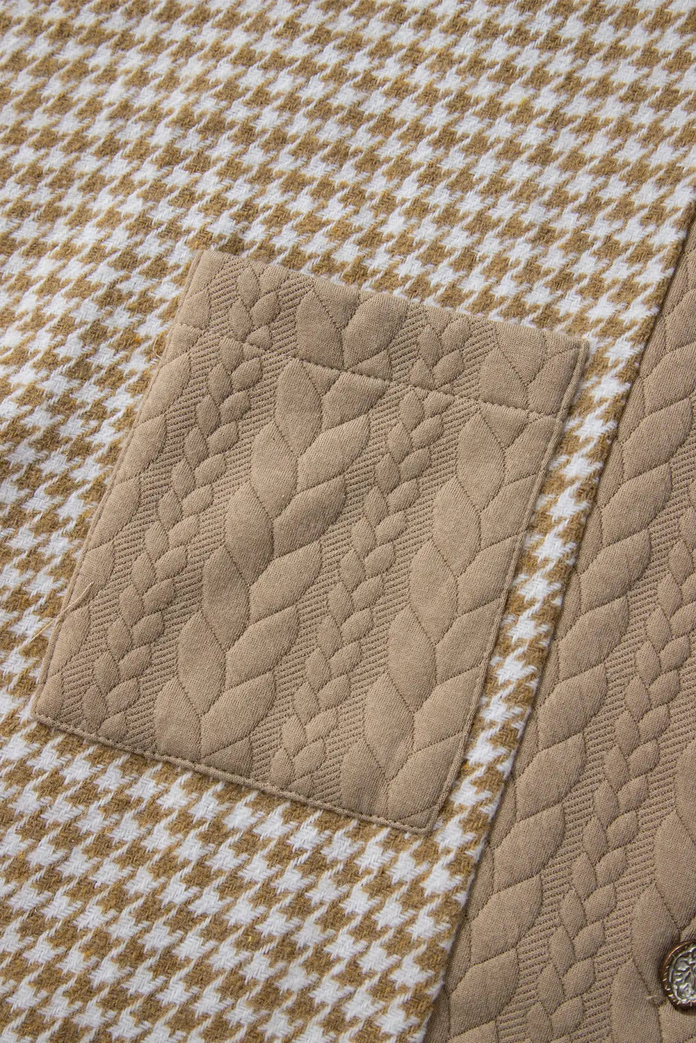 Khaki Houndstooth Colour Contrast Textured Patchwork Loose Shacket - eAura