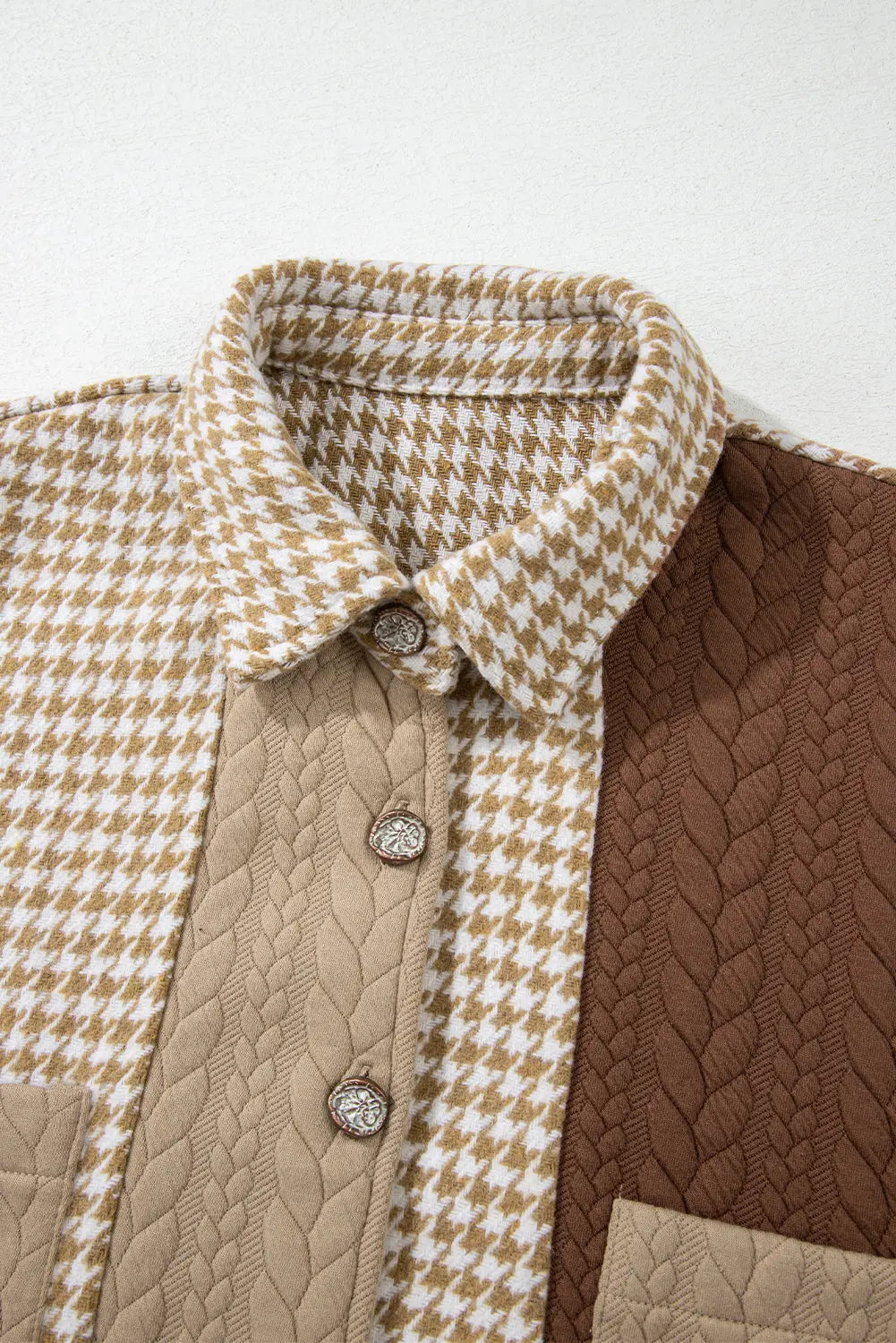 Khaki Houndstooth Colour Contrast Textured Patchwork Loose Shacket - eAura