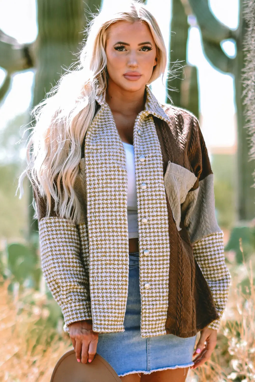 Khaki Houndstooth Colour Contrast Textured Patchwork Loose Shacket - eAura