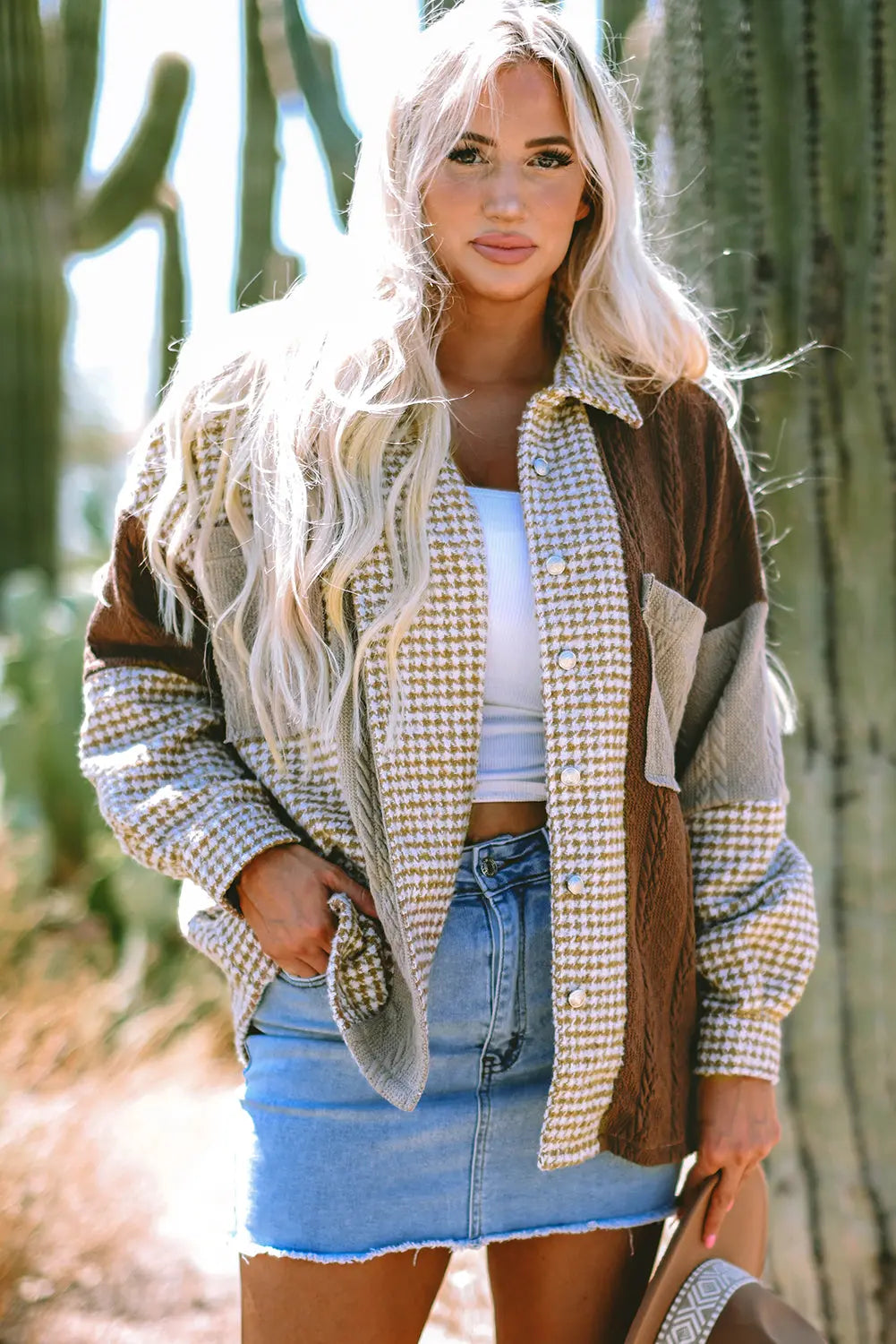 Khaki Houndstooth Colour Contrast Textured Patchwork Loose Shacket - eAura