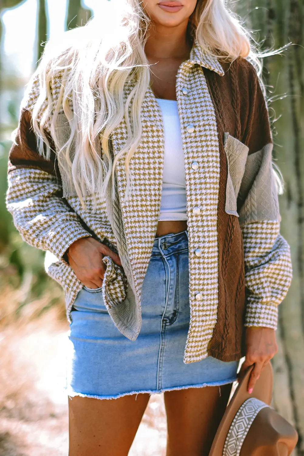 Khaki Houndstooth Colour Contrast Textured Patchwork Loose Shacket - eAura