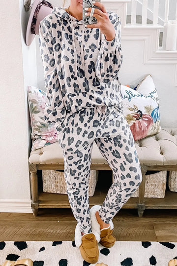 Khaki Leopard Print Drawstring Hoodie and Skinny Pants Lounge Set DL