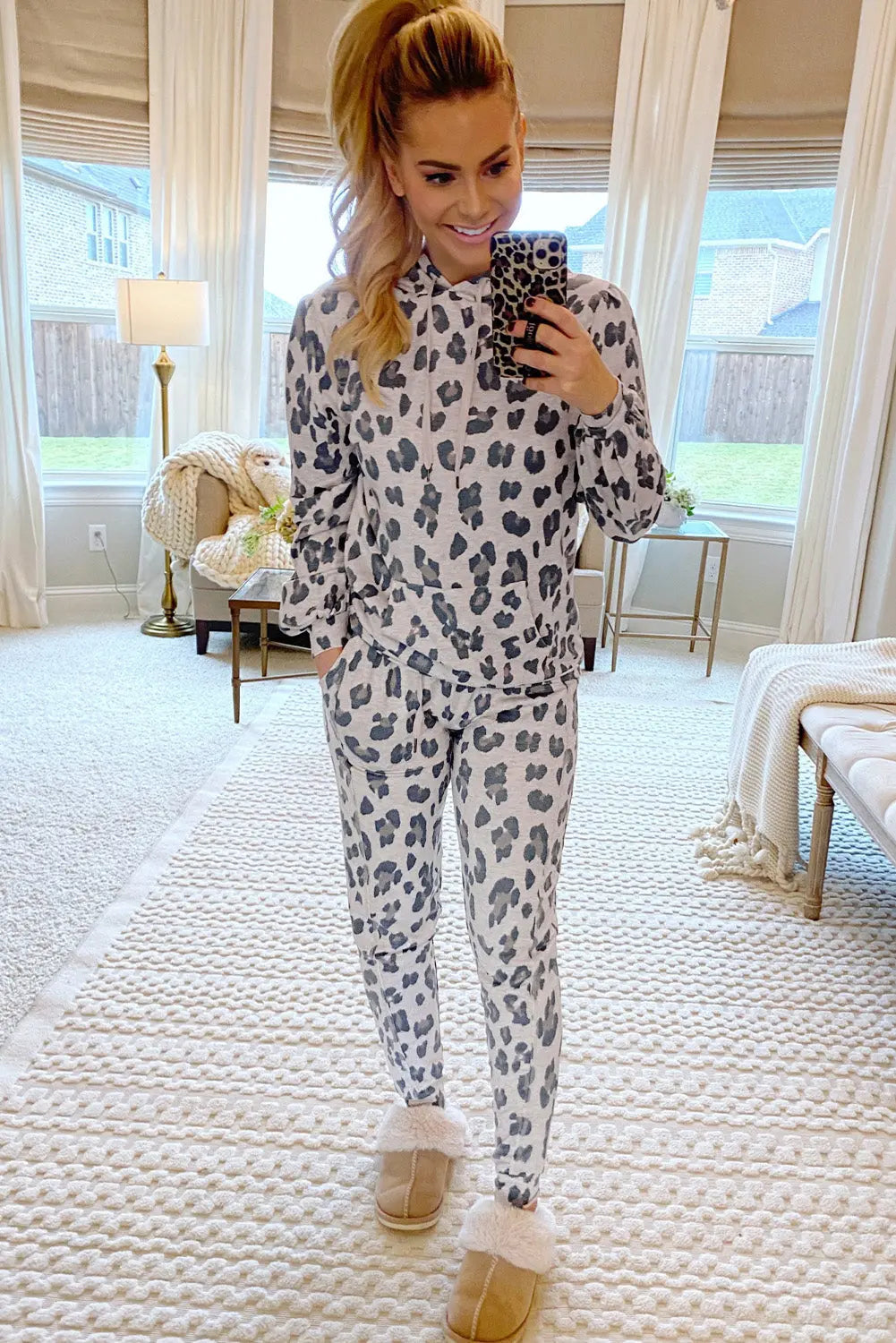 Khaki Leopard Print Drawstring Hoodie and Skinny Pants Lounge Set DL